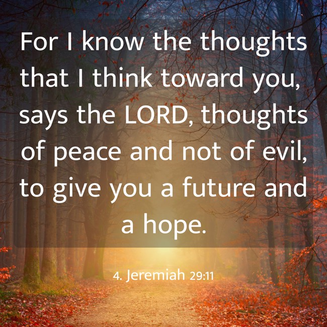 For I know the thoughts that I think toward you, says the LORD, thoughts of peace and not of evil, to give you a future and a hope. - 4. Jeremiah 29:11