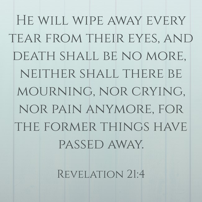 He will wipe away every tear from their eyes, and death shall be no more, neither shall there be mourning, nor crying, nor pain anymore, for the former things have passed away. - Revelation 21:4