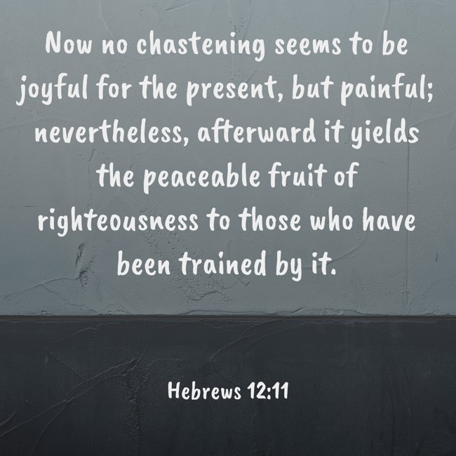 Now no chastening seems to be joyful for the present, but painful; nevertheless, afterward it yields the peaceable fruit of righteousness to those who have been trained by it. - Hebrews 12:11