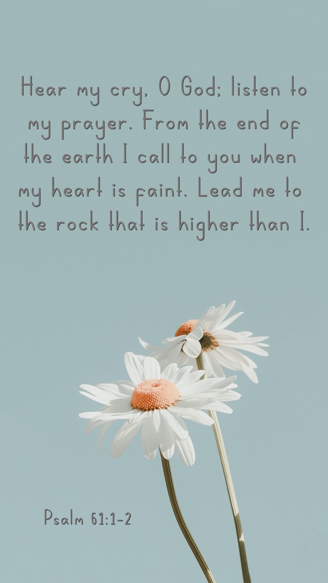Hear my cry, O God; listen to my prayer. From the end of the earth I call to you when my heart is faint. Lead me to the rock that is higher than I. - Psalm 61:1-2