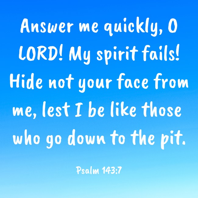 Answer me quickly, O LORD! My spirit fails! Hide not your face from me, lest I be like those who go down to the pit. - Psalm 143:7