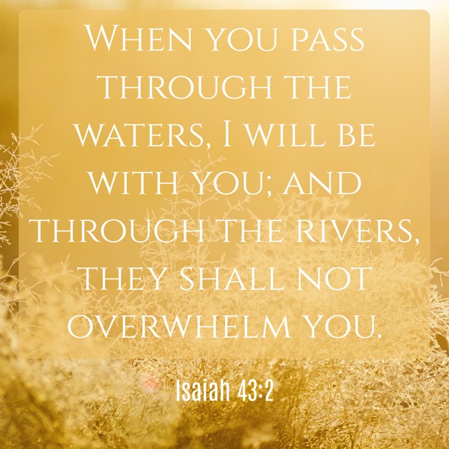 When you pass through the waters, I will be with you; and through the rivers, they shall not overwhelm you. - Isaiah 43:2