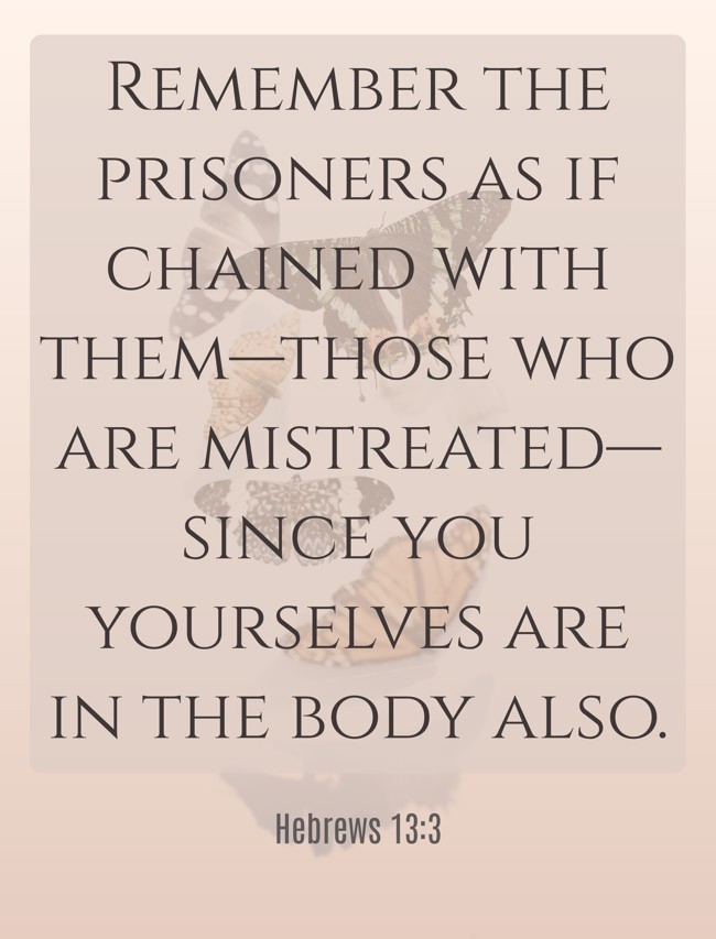 Remember the prisoners as if chained with them—those who are mistreated—since you yourselves are in the body also. - Hebrews 13:3