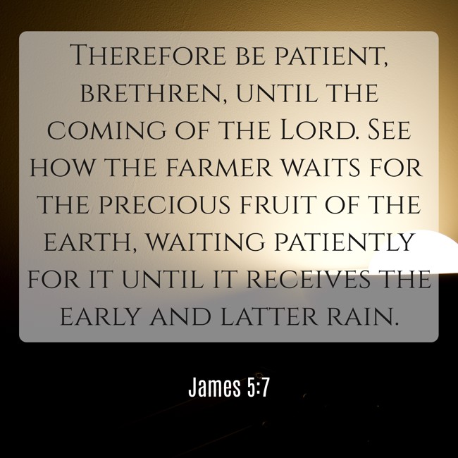 Therefore be patient, brethren, until the coming of the Lord. See how the farmer waits for the precious fruit of the earth, waiting patiently for it until it receives the early and latter rain. - James 5:7
