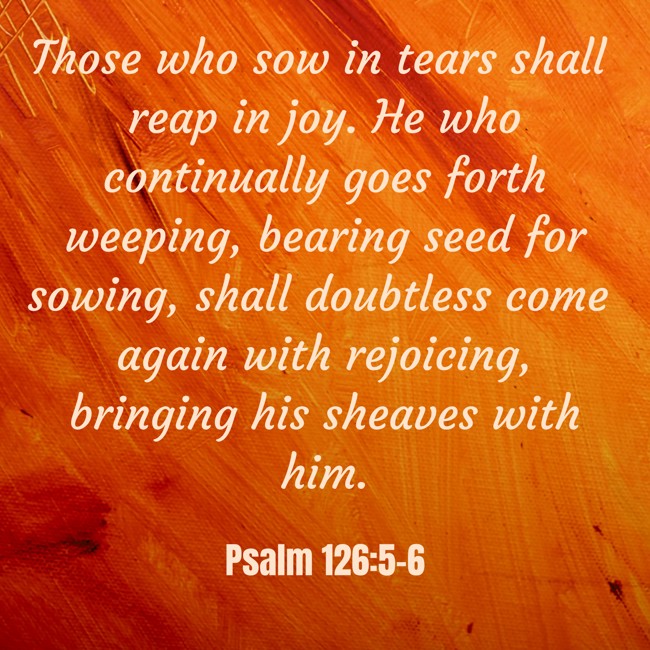 Those who sow in tears shall reap in joy. He who continually goes forth weeping, bearing seed for sowing, shall doubtless come again with rejoicing, bringing his sheaves with him. - Psalm 126:5-6