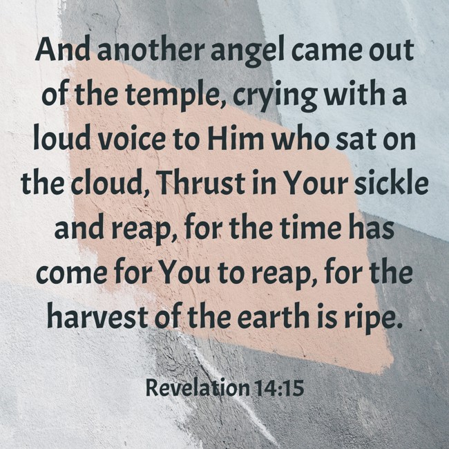 And another angel came out of the temple, crying with a loud voice to Him who sat on the cloud, Thrust in Your sickle and reap, for the time has come for You to reap, for the harvest of the earth is ripe. - Revelation 14:15