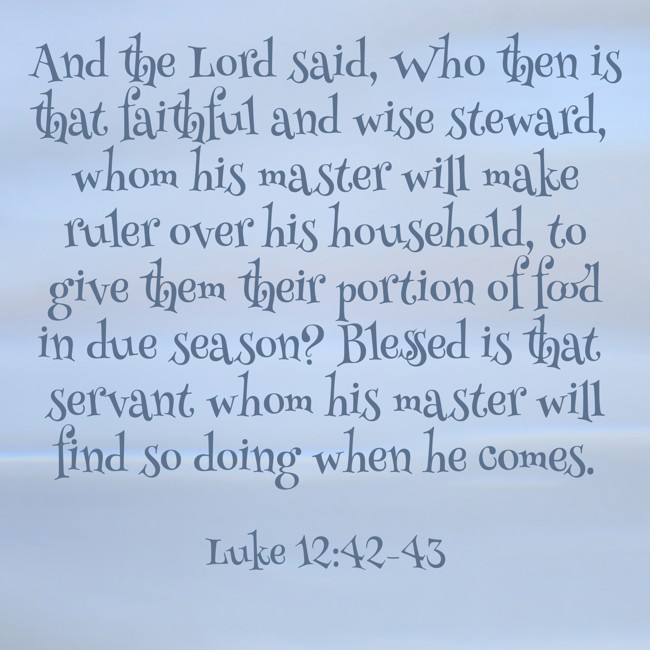 And the Lord said, Who then is that faithful and wise steward, whom his master will make ruler over his household, to give them their portion of food in due season? Blessed is that servant whom his master will find so doing when he comes. - Luke 12:42-43
