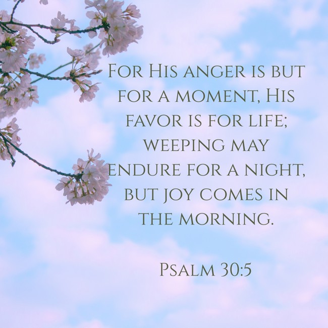 For His anger is but for a moment, His favor is for life; weeping may endure for a night, but joy comes in the morning. - Psalm 30:5