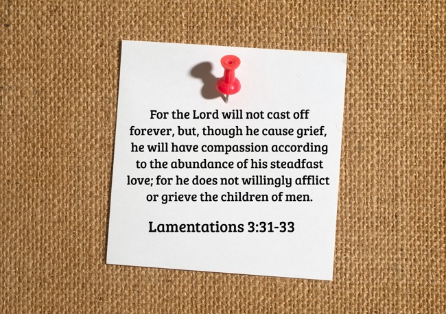 For the Lord will not cast off forever, but, though he cause grief, he will have compassion according to the abundance of his steadfast love; for he does not willingly afflict or grieve the children of men. - Lamentations 3:31-33