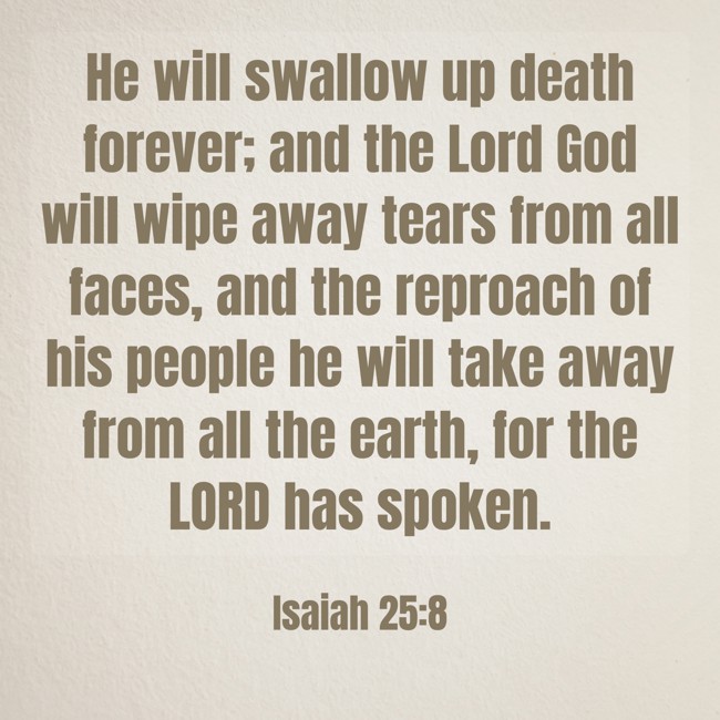He will swallow up death forever; and the Lord God will wipe away tears from all faces, and the reproach of his people he will take away from all the earth, for the LORD has spoken. - Isaiah 25:8