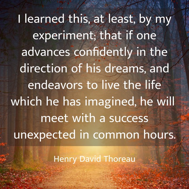 I learned this, at least, by my experiment; that if one advances confidently in the direction of his dreams, and endeavors to live the life which he has imagined, he will meet with a success unexpected in common hours. - Henry David Thoreau