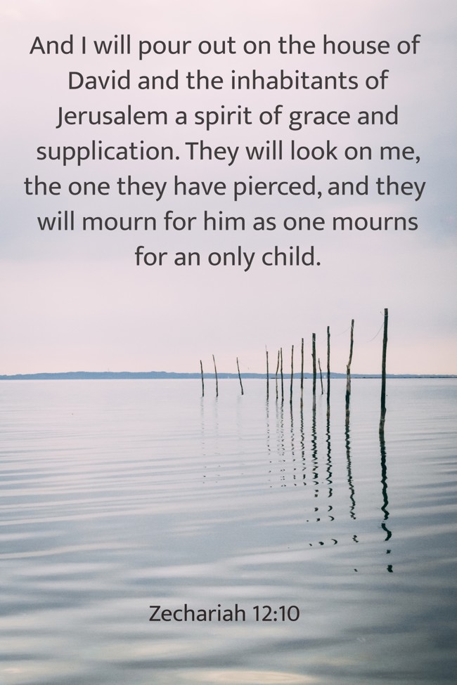 And I will pour out on the house of David and the inhabitants of Jerusalem a spirit of grace and supplication. They will look on me, the one they have pierced, and they will mourn for him as one mourns for an only child. - Zechariah 12:10