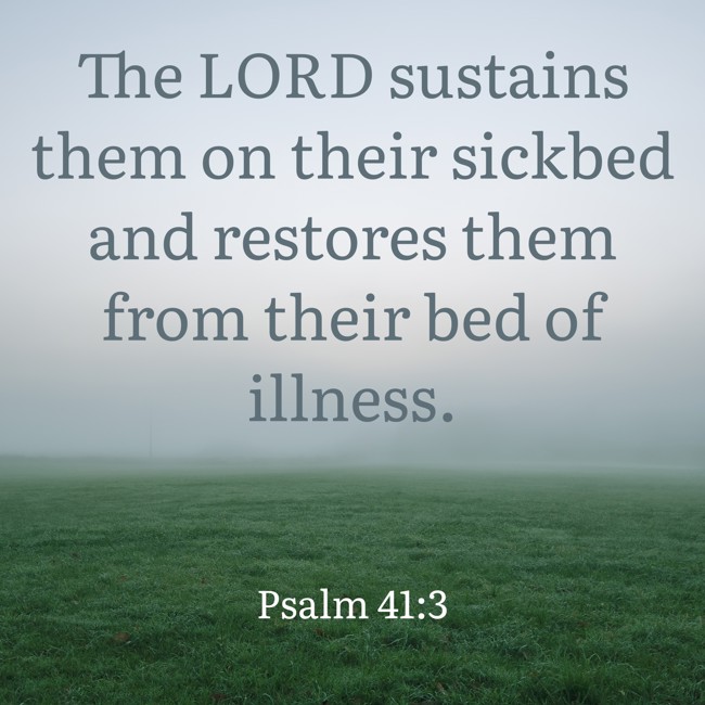The LORD sustains them on their sickbed and restores them from their bed of illness. - Psalm 41:3
