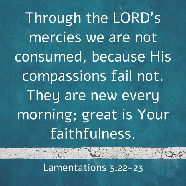 Through the LORD's mercies we are not consumed, because His compassions fail not. They are new every morning; great is Your faithfulness. - Lamentations 3:22-23