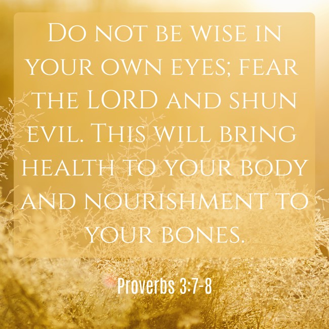 Do not be wise in your own eyes; fear the LORD and shun evil. This will bring health to your body and nourishment to your bones. - Proverbs 3:7-8