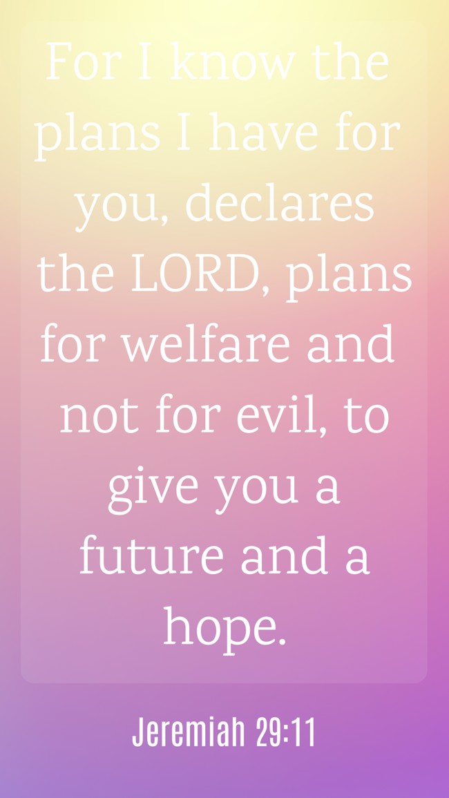 For I know the plans I have for you, declares the LORD, plans for welfare and not for evil, to give you a future and a hope. - Jeremiah 29:11
