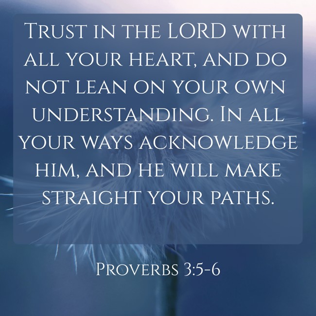 Trust in the LORD with all your heart, and do not lean on your own understanding. In all your ways acknowledge him, and he will make straight your paths. - Proverbs 3:5-6