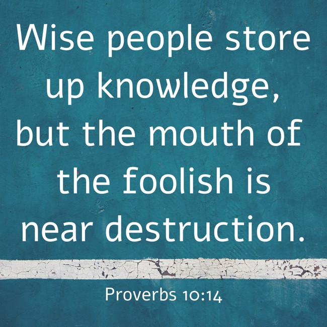 Wise people store up knowledge, but the mouth of the foolish is near destruction. - Proverbs 10:14