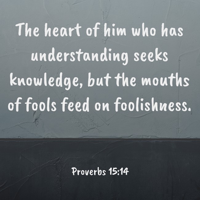 The heart of him who has understanding seeks knowledge, but the mouths of fools feed on foolishness. - Proverbs 15:14