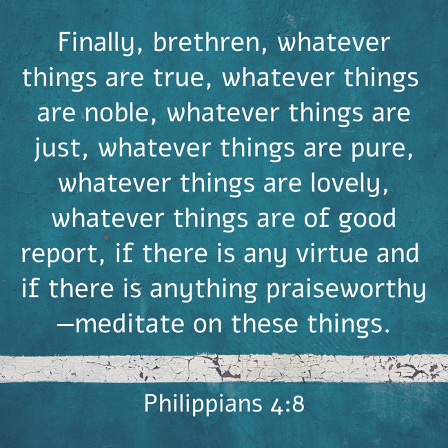 Finally, brethren, whatever things are true, whatever things are noble, whatever things are just, whatever things are pure, whatever things are lovely, whatever things are of good report, if there is any virtue and if there is anything praiseworthy—meditate on these things. - Philippians 4:8