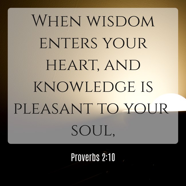 When wisdom enters your heart, and knowledge is pleasant to your soul, - Proverbs 2:10