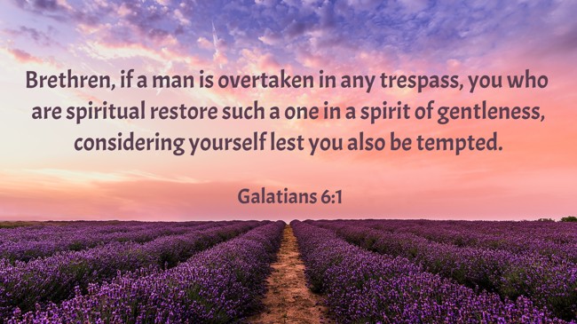 Brethren, if a man is overtaken in any trespass, you who are spiritual restore such a one in a spirit of gentleness, considering yourself lest you also be tempted. - Galatians 6:1