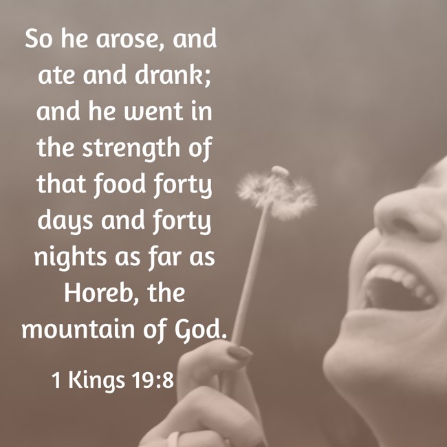 So he arose, and ate and drank; and he went in the strength of that food forty days and forty nights as far as Horeb, the mountain of God. - 1 Kings 19:8
