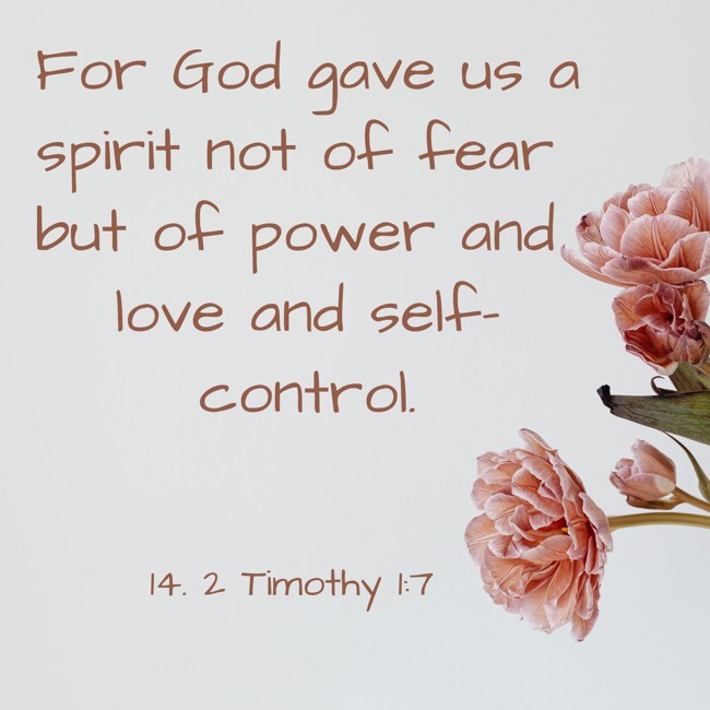 For God gave us a spirit not of fear but of power and love and self-control. - 14. 2 Timothy 1:7