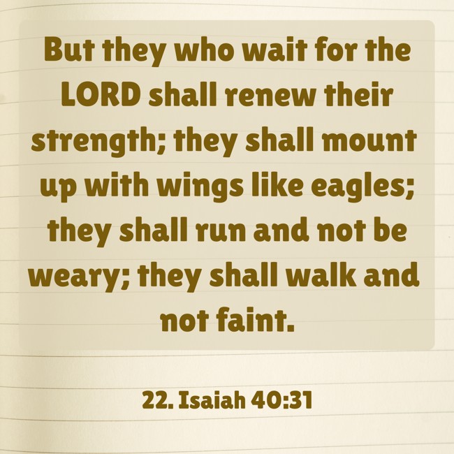 But they who wait for the LORD shall renew their strength; they shall mount up with wings like eagles; they shall run and not be weary; they shall walk and not faint. - 22. Isaiah 40:31