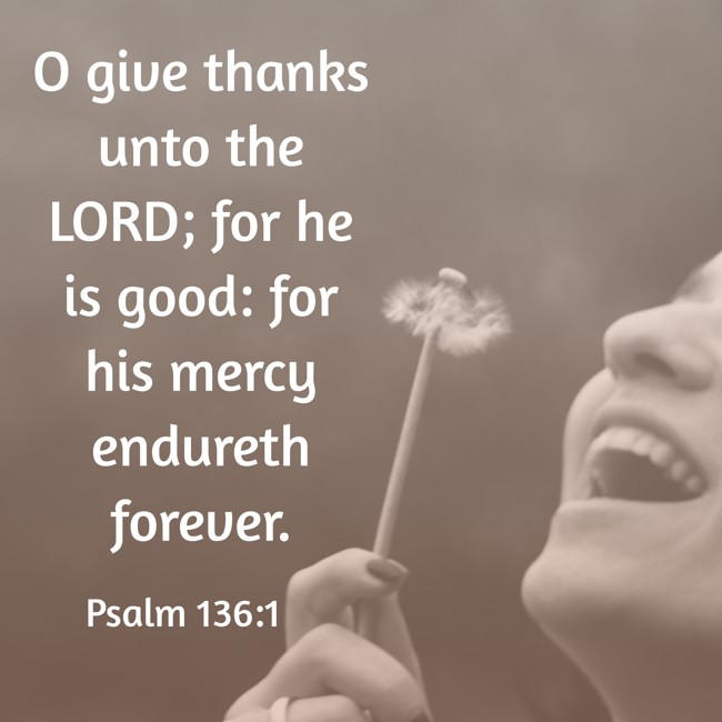 O give thanks unto the LORD; for he is good: for his mercy endureth forever. - Psalm 136:1