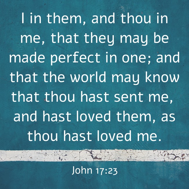 I in them, and thou in me, that they may be made perfect in one; and that the world may know that thou hast sent me, and hast loved them, as thou hast loved me. - John 17:23