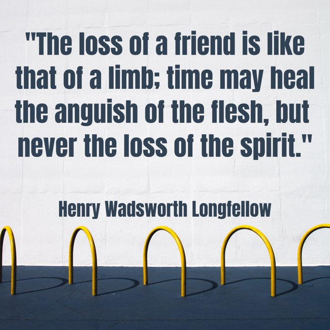 The loss of a friend is like that of a limb; time may heal the anguish of the flesh, but never the loss of the spirit. - Henry Wadsworth Longfellow
