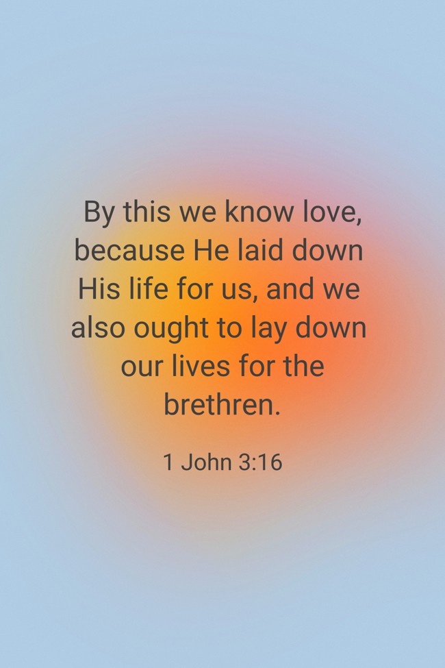 By this we know love, because He laid down His life for us, and we also ought to lay down our lives for the brethren. - 1 John 3:16