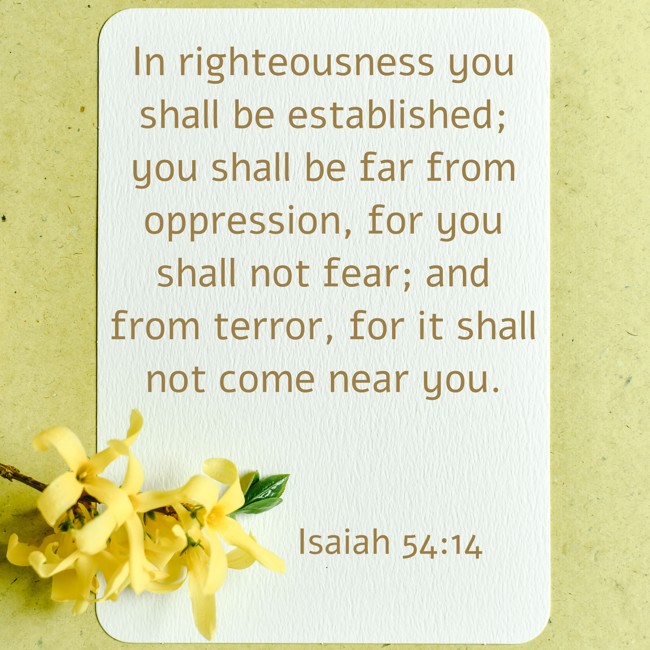In righteousness you shall be established; you shall be far from oppression, for you shall not fear; and from terror, for it shall not come near you. - Isaiah 54:14