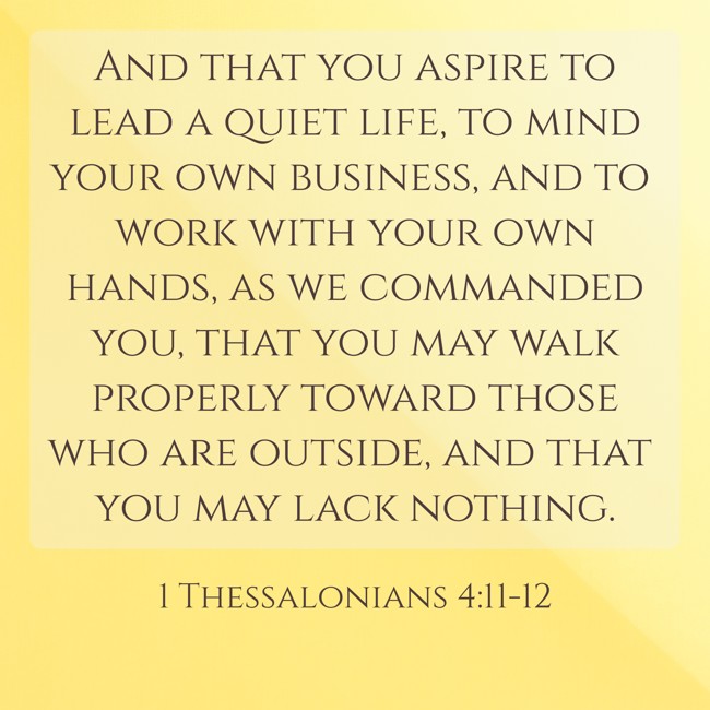 And that you aspire to lead a quiet life, to mind your own business, and to work with your own hands, as we commanded you, that you may walk properly toward those who are outside, and that you may lack nothing. - 1 Thessalonians 4:11-12