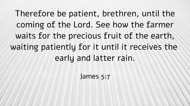 Therefore be patient, brethren, until the coming of the Lord. See how the farmer waits for the precious fruit of the earth, waiting patiently for it until it receives the early and latter rain. - James 5:7