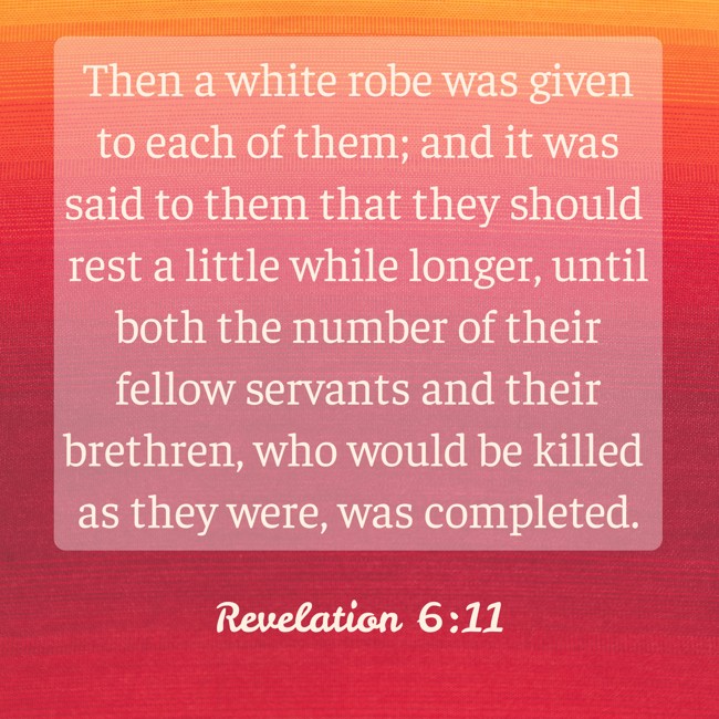 Then a white robe was given to each of them; and it was said to them that they should rest a little while longer, until both the number of their fellow servants and their brethren, who would be killed as they were, was completed. - Revelation 6:11
