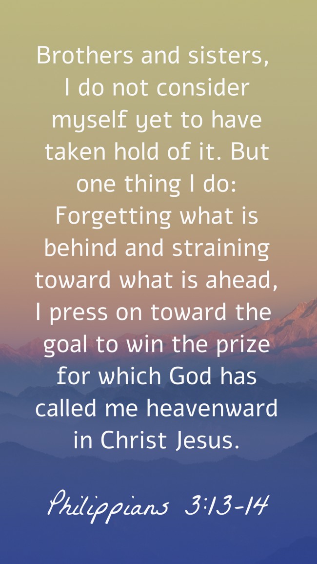 Brothers and sisters, I do not consider myself yet to have taken hold of it. But one thing I do: Forgetting what is behind and straining toward what is ahead, I press on toward the goal to win the prize for which God has called me heavenward in Christ Jesus. - Philippians 3:13-14