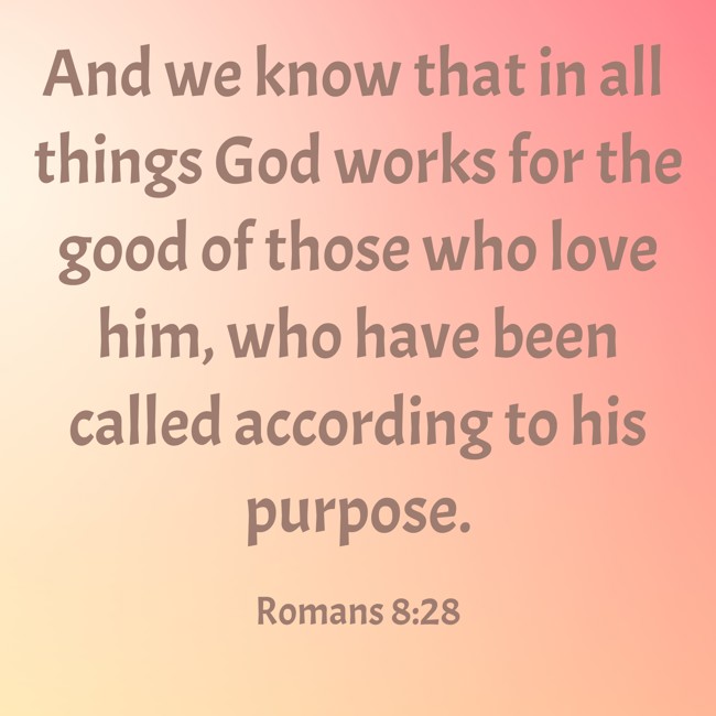 And we know that in all things God works for the good of those who love him, who have been called according to his purpose. - Romans 8:28