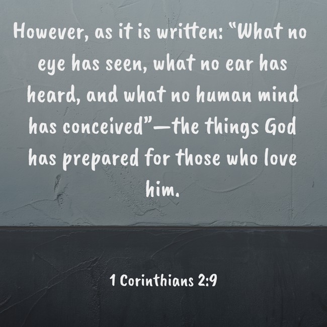 However, as it is written: “What no eye has seen, what no ear has heard, and what no human mind has conceived”—the things God has prepared for those who love him. - 1 Corinthians 2:9