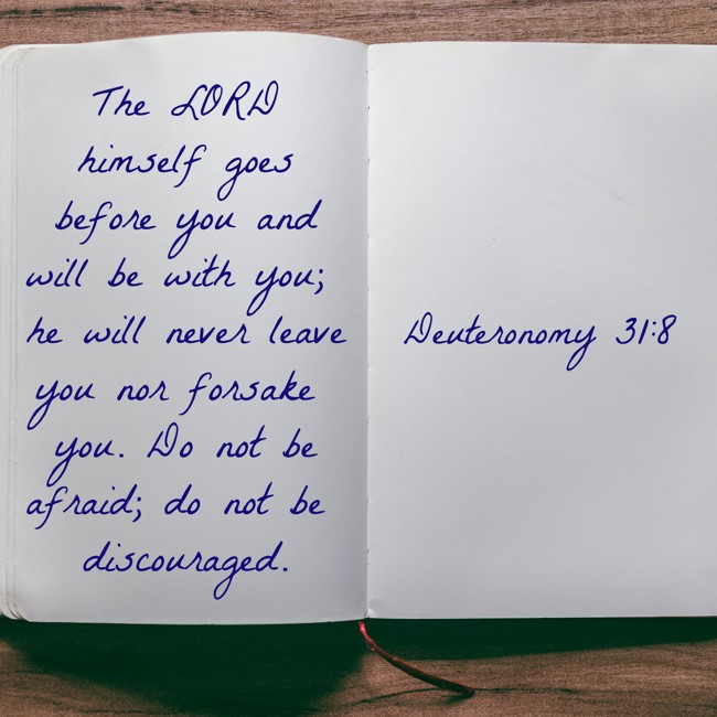 The LORD himself goes before you and will be with you; he will never leave you nor forsake you. Do not be afraid; do not be discouraged. - Deuteronomy 31:8