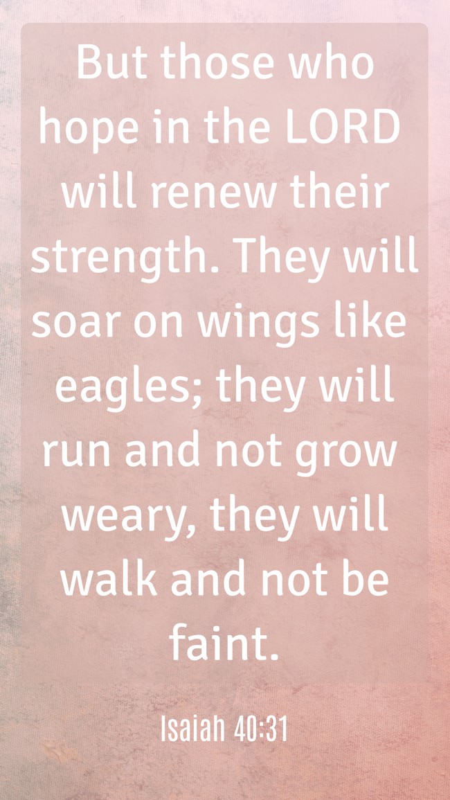 But those who hope in the LORD will renew their strength. They will soar on wings like eagles; they will run and not grow weary, they will walk and not be faint. - Isaiah 40:31