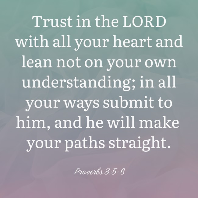 Trust in the LORD with all your heart and lean not on your own understanding; in all your ways submit to him, and he will make your paths straight. - Proverbs 3:5-6