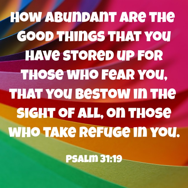 How abundant are the good things that you have stored up for those who fear you, that you bestow in the sight of all, on those who take refuge in you. - Psalm 31:19