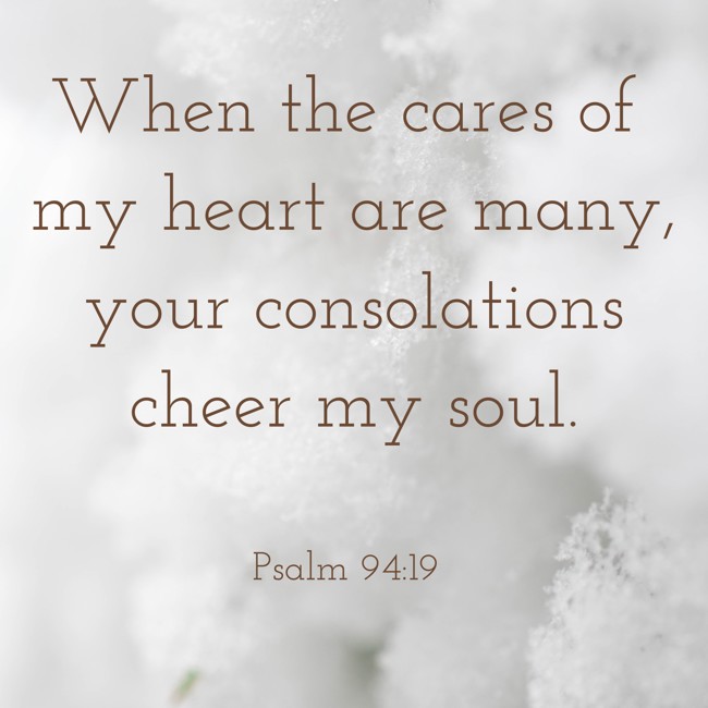 When the cares of my heart are many, your consolations cheer my soul. - Psalm 94:19