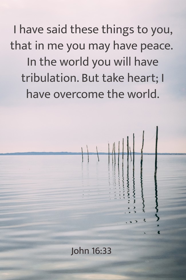 I have said these things to you, that in me you may have peace. In the world you will have tribulation. But take heart; I have overcome the world. - John 16:33