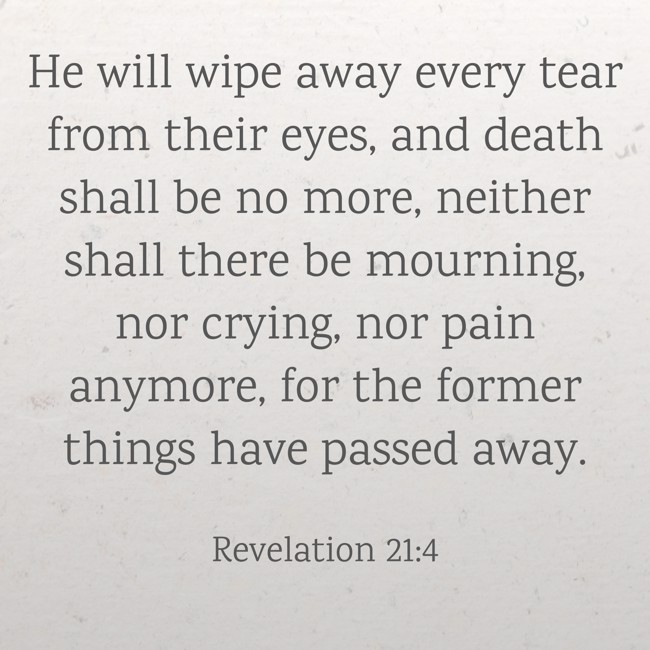 He will wipe away every tear from their eyes, and death shall be no more, neither shall there be mourning, nor crying, nor pain anymore, for the former things have passed away. - Revelation 21:4