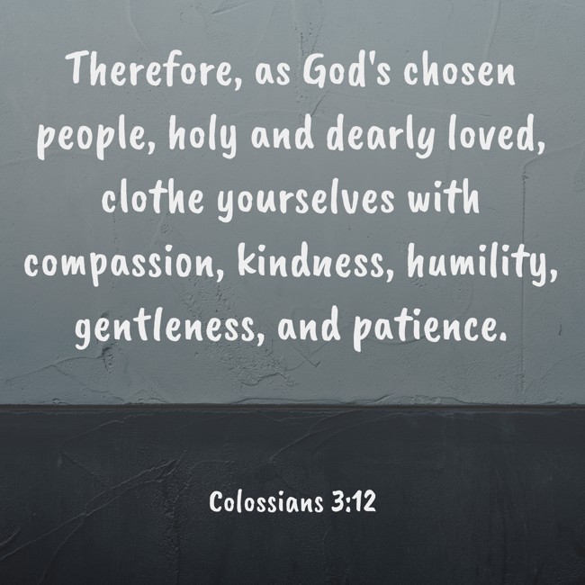 Therefore, as God's chosen people, holy and dearly loved, clothe yourselves with compassion, kindness, humility, gentleness, and patience. - Colossians 3:12