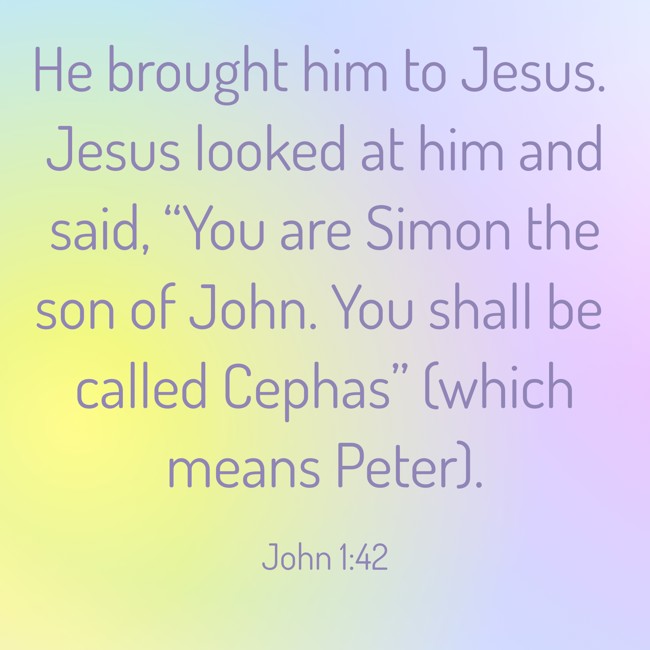 He brought him to Jesus. Jesus looked at him and said, “You are Simon the son of John. You shall be called Cephas” (which means Peter). - John 1:42
