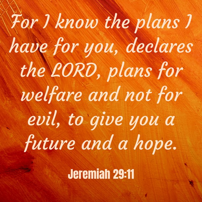 For I know the plans I have for you, declares the LORD, plans for welfare and not for evil, to give you a future and a hope. - Jeremiah 29:11